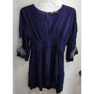 Lulus Womens Isles Short Dress Embroidered Bell Sleeve V Neck Navy Blue Sz Small